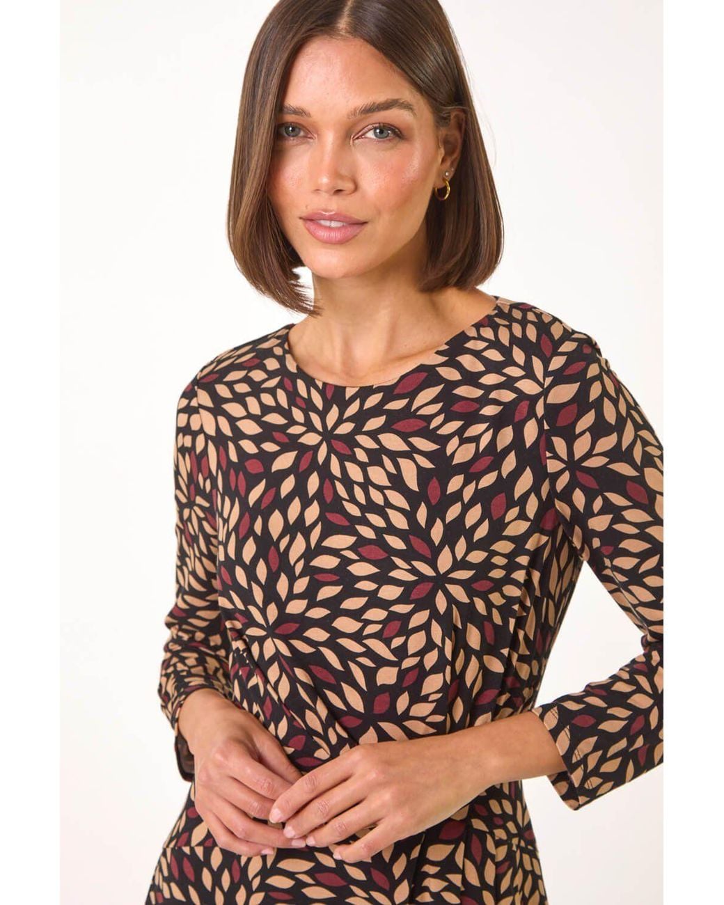 Roman Natural Leaf Print Side Twist Stretch Midi Dress