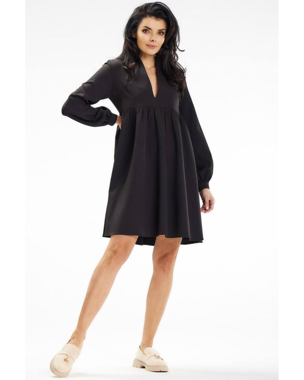 Love Lace Black Stand Collar Deep Neckline Flared Mini Dress