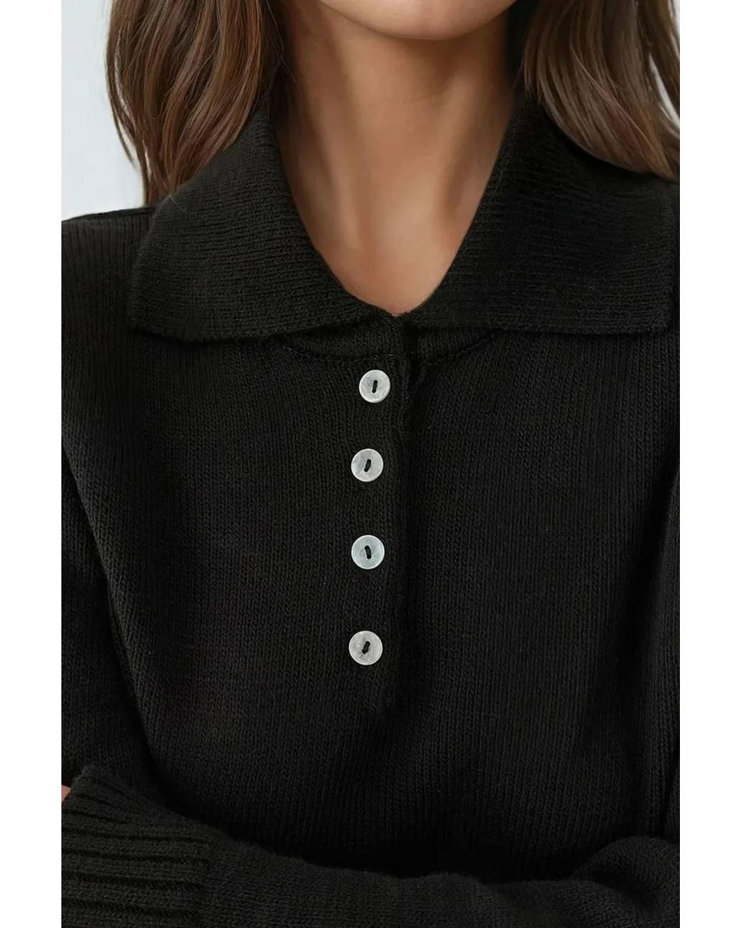 Hiccup Black Button Collar Relaxed Fit Sweater