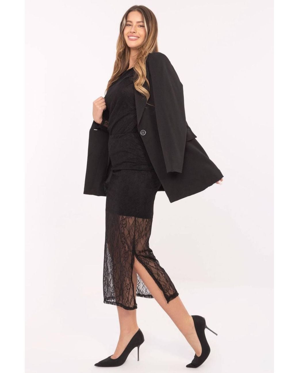 Love Lace Black Openwork Lace Midi Skirt With Elastic Waist