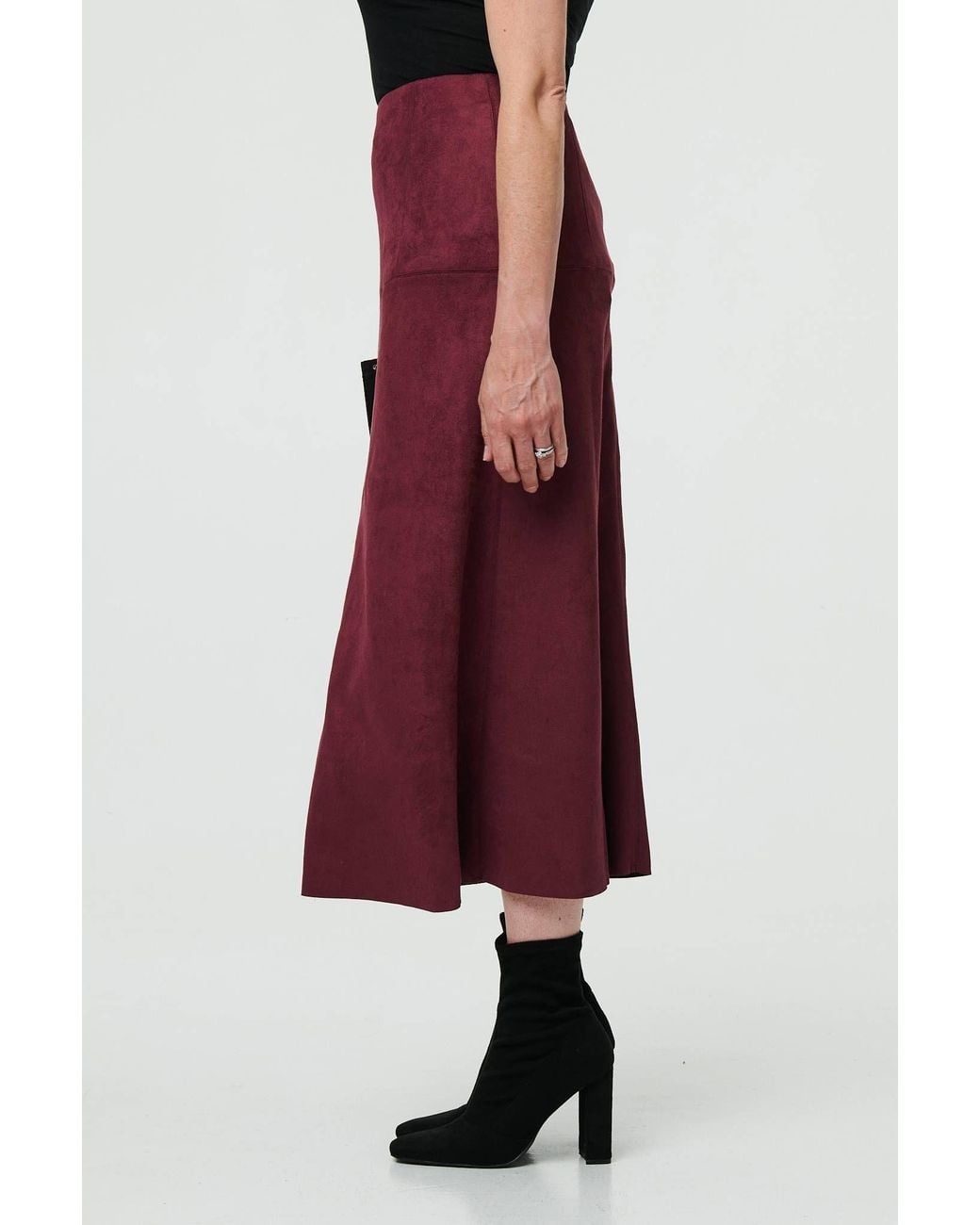 Izabel London Red Faux Suede A-Line High Waist Midi Skirt