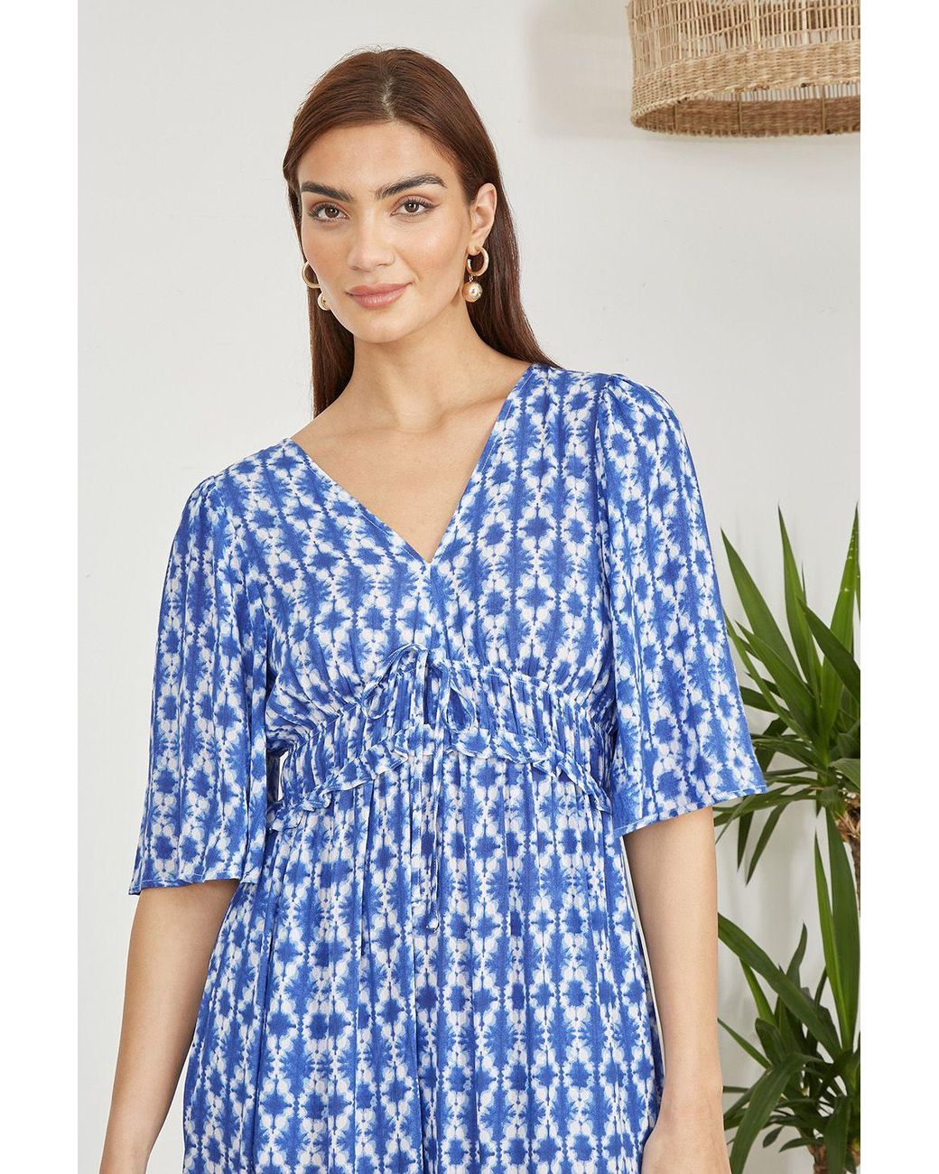 Yumi' Blue Aztec Print Maxi Dress With Cross Over Back