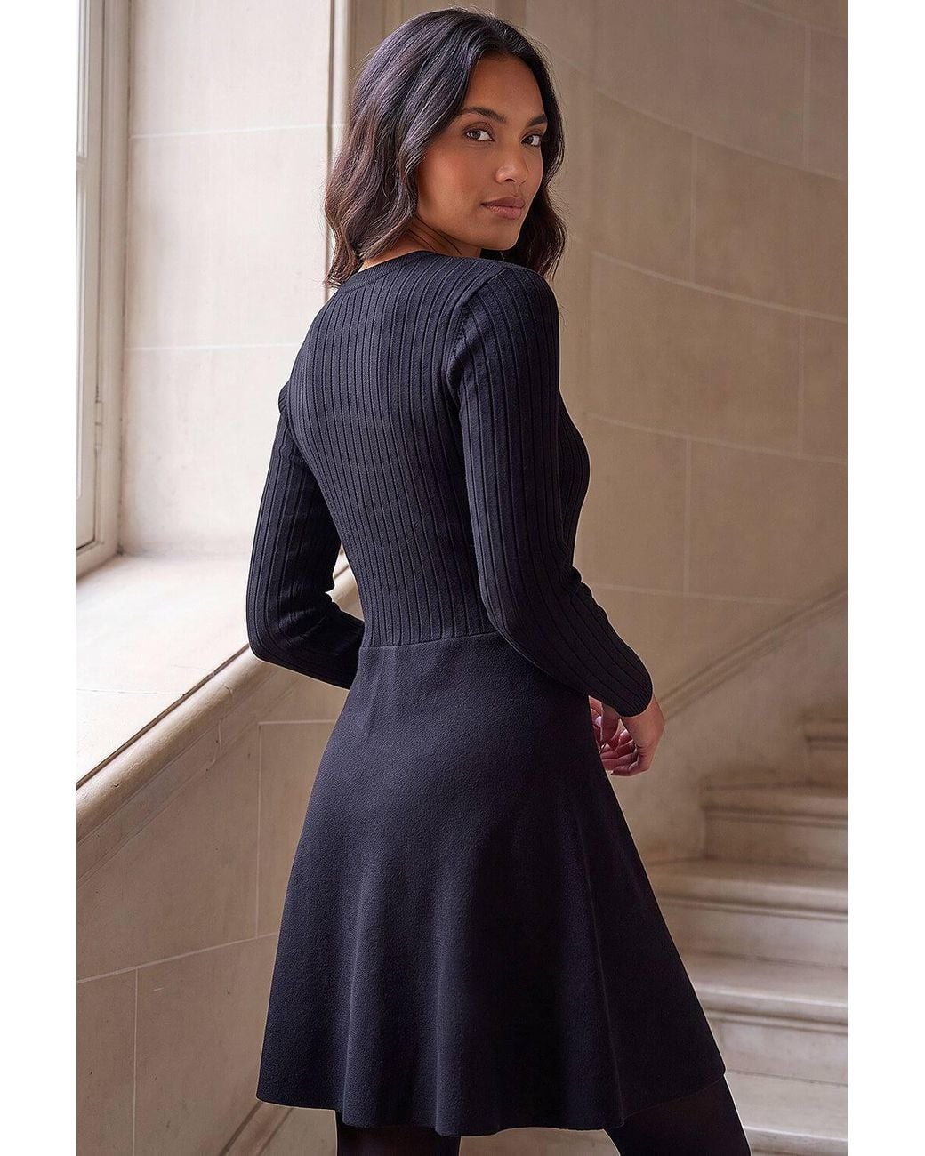 Roman Blue Metal Bow Keyhole Knit Dress