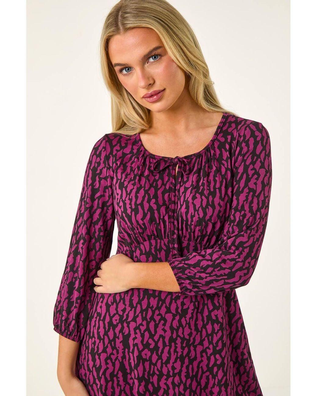 Roman Purple Petite Abstract Tie Front Stretch Jersey