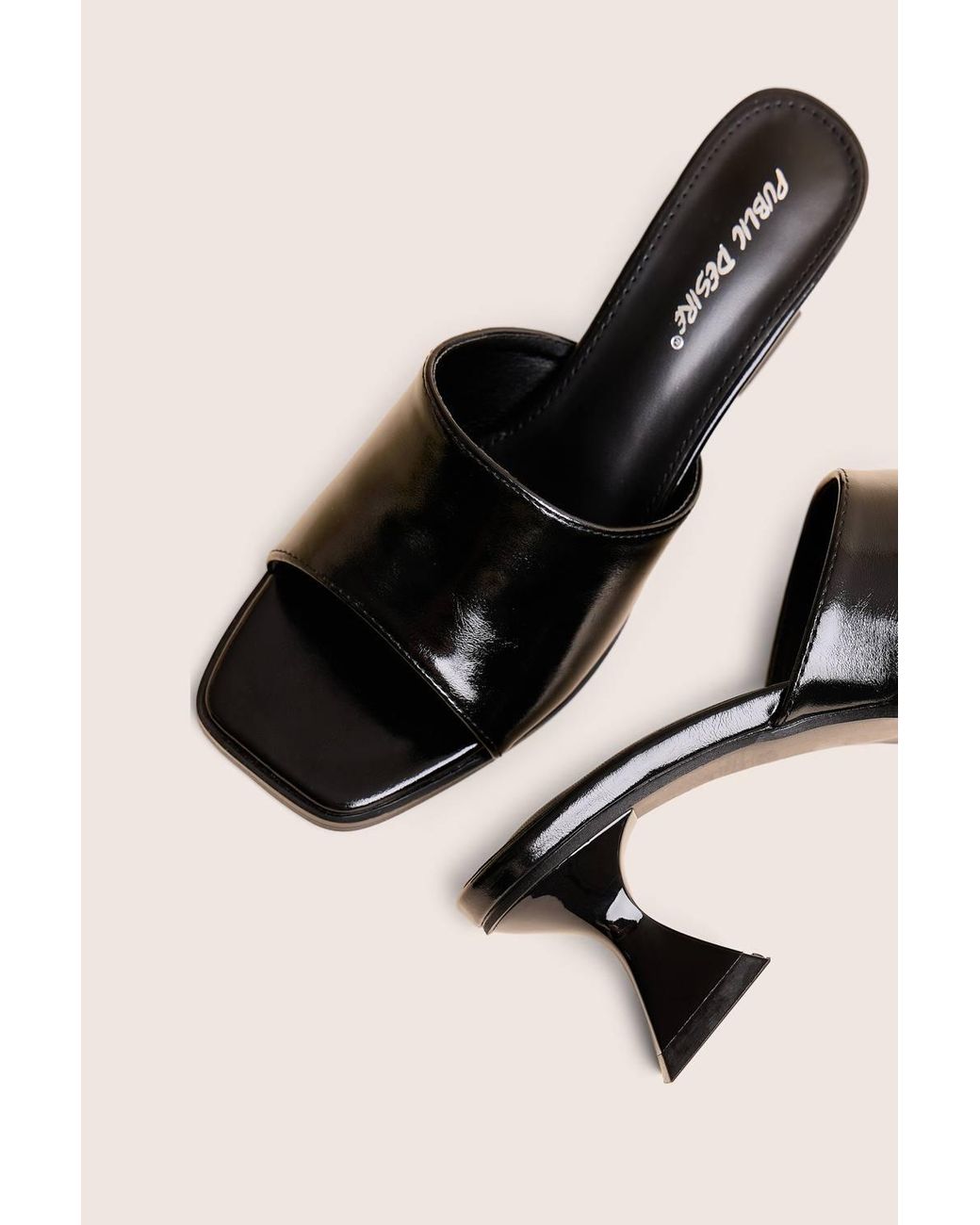 Public Desire Black Romi Patent Mule Square Toe Flared Block Mid Heels
