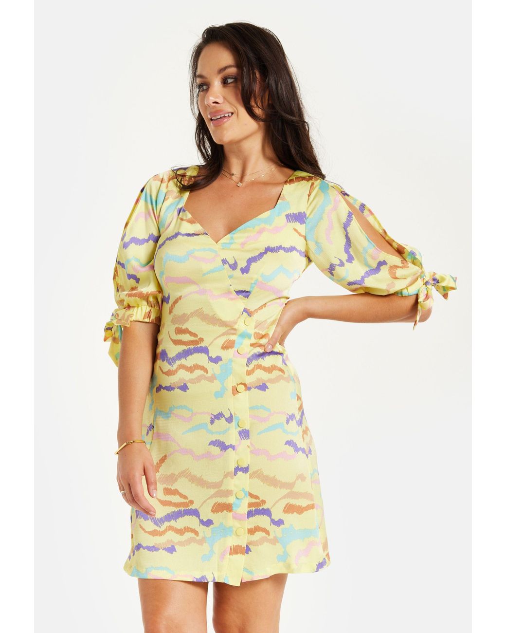 Liquorish Yellow Abstract Zebra Print Mini Dress With Back Tie Up