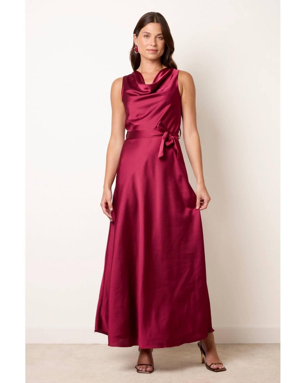 Blue Vanilla Red Sleeveless Belted Cowl Neck Maxi Dress