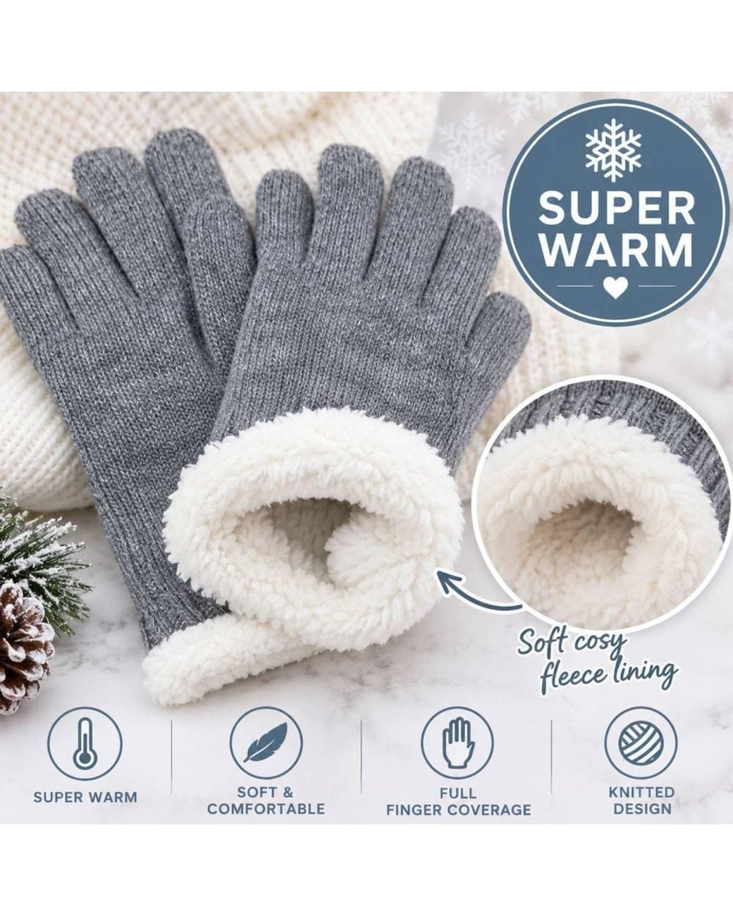 Love EMVY Gray Wool Blend Knitted Winter Gloves With Soft Fleece Cuff