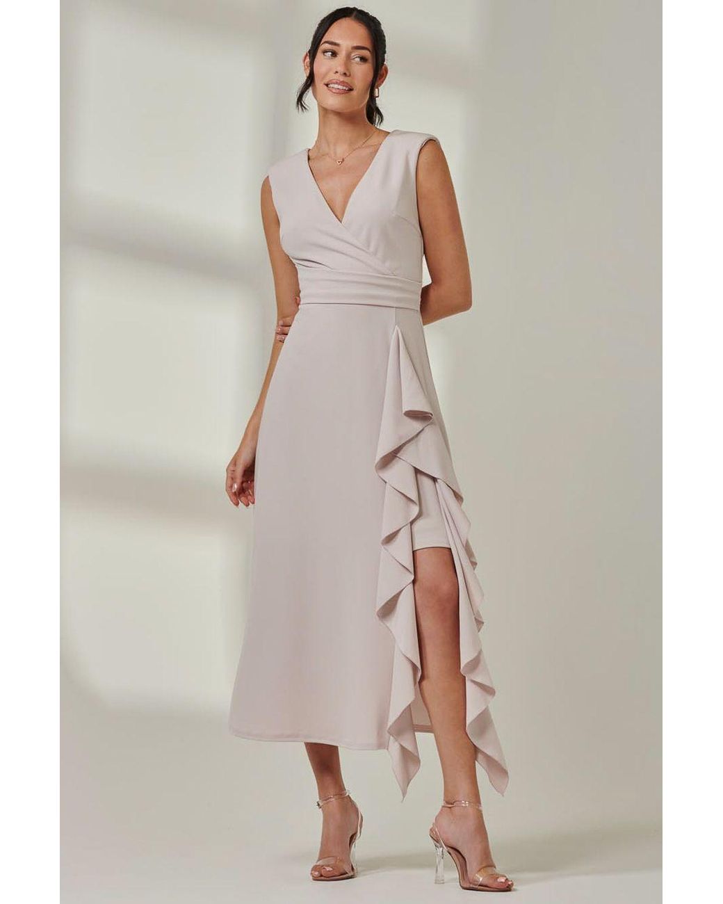 Jolie Moi Natural Wrap Front Frill Detail Maxi Dress
