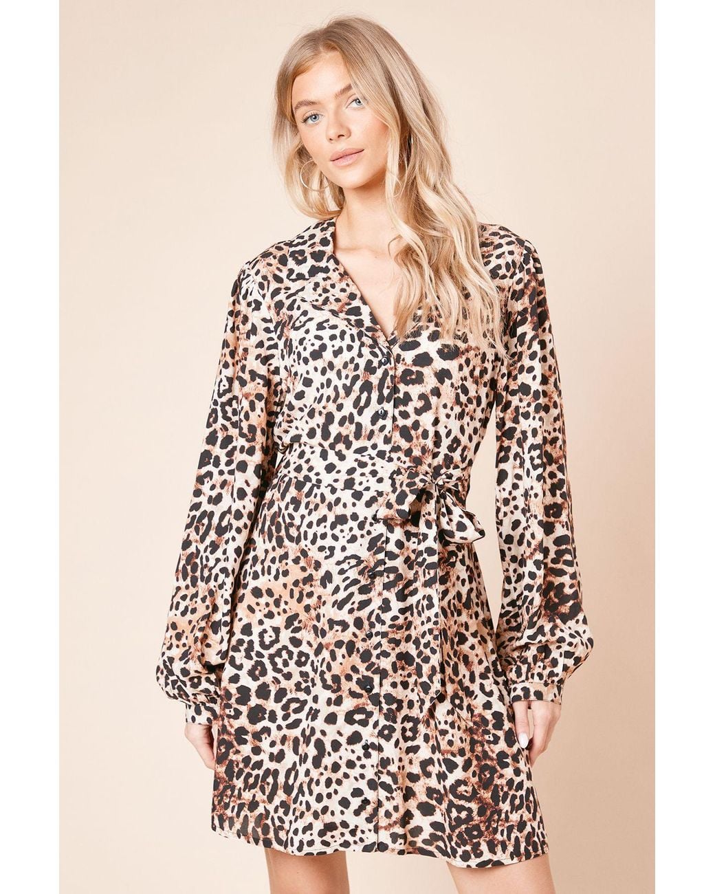 Dorothy Perkins Natural Blouson Sleeve Mini Shirt Dress