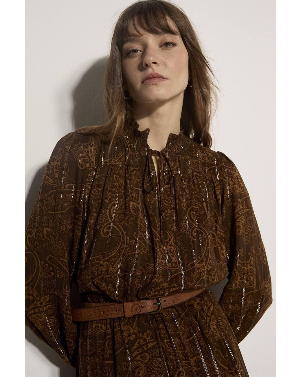 Apricot Brown Paisley Metallic Shimmer Tiered Midi Dress
