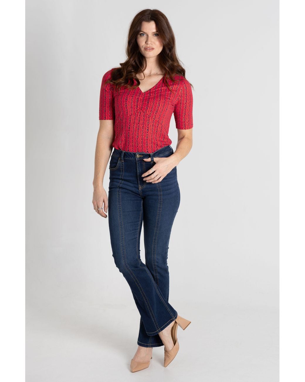 Enorsia Red Short Sleeve Shimmer Printed Viscose Top