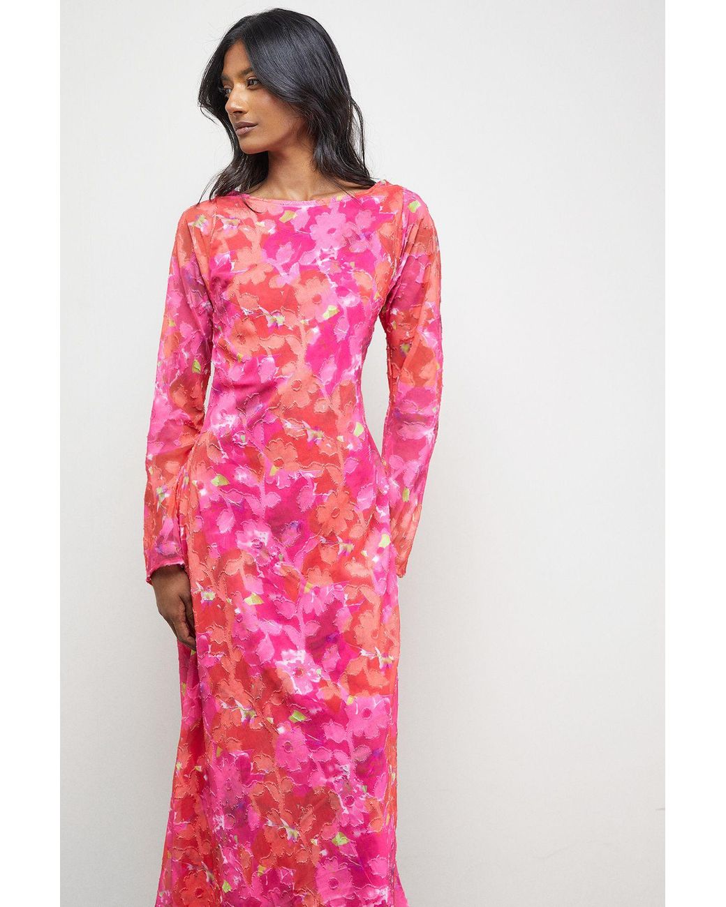 Warehouse Pink Burnout Floral Chiffon Slash Neck Bias Midi Dress