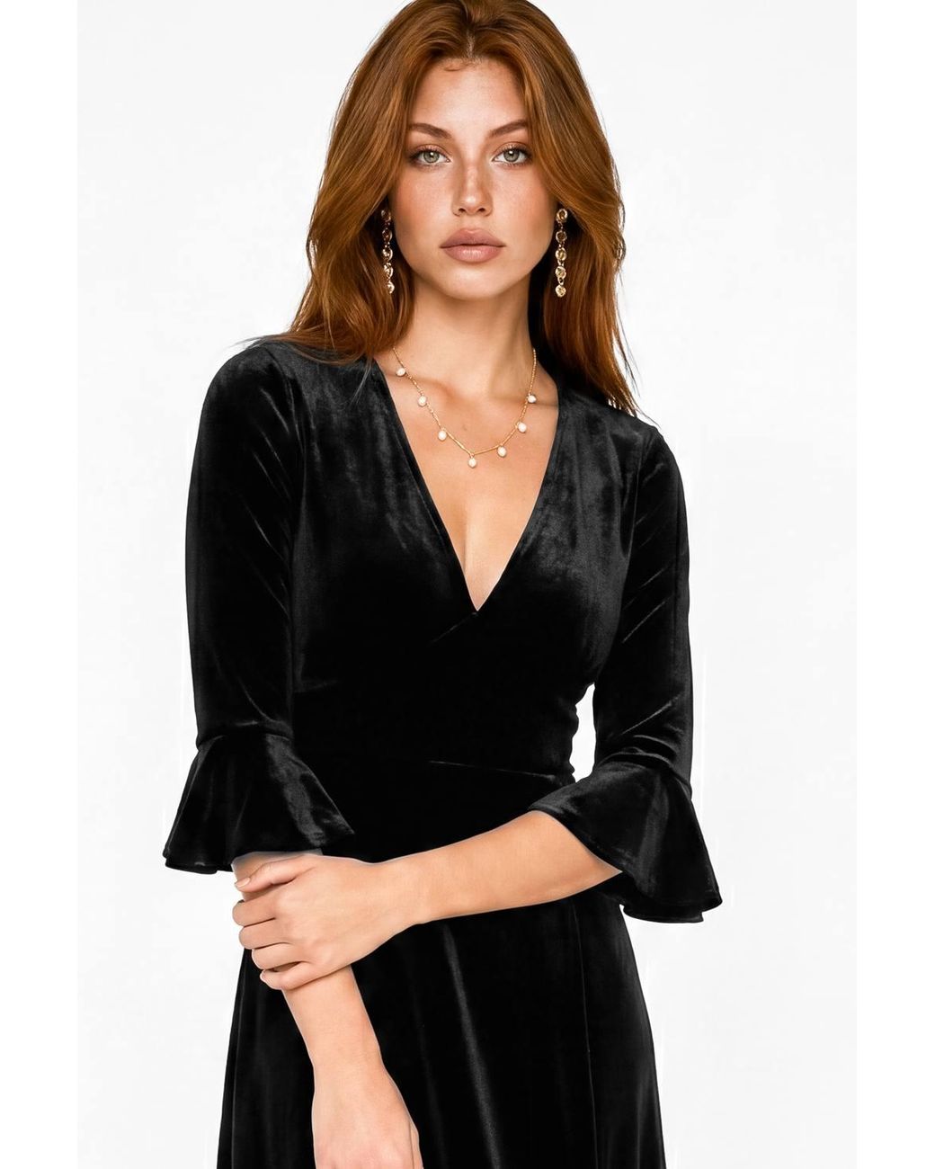 Maya Deluxe Black Flute Sleeve Velvet Maxi Dress