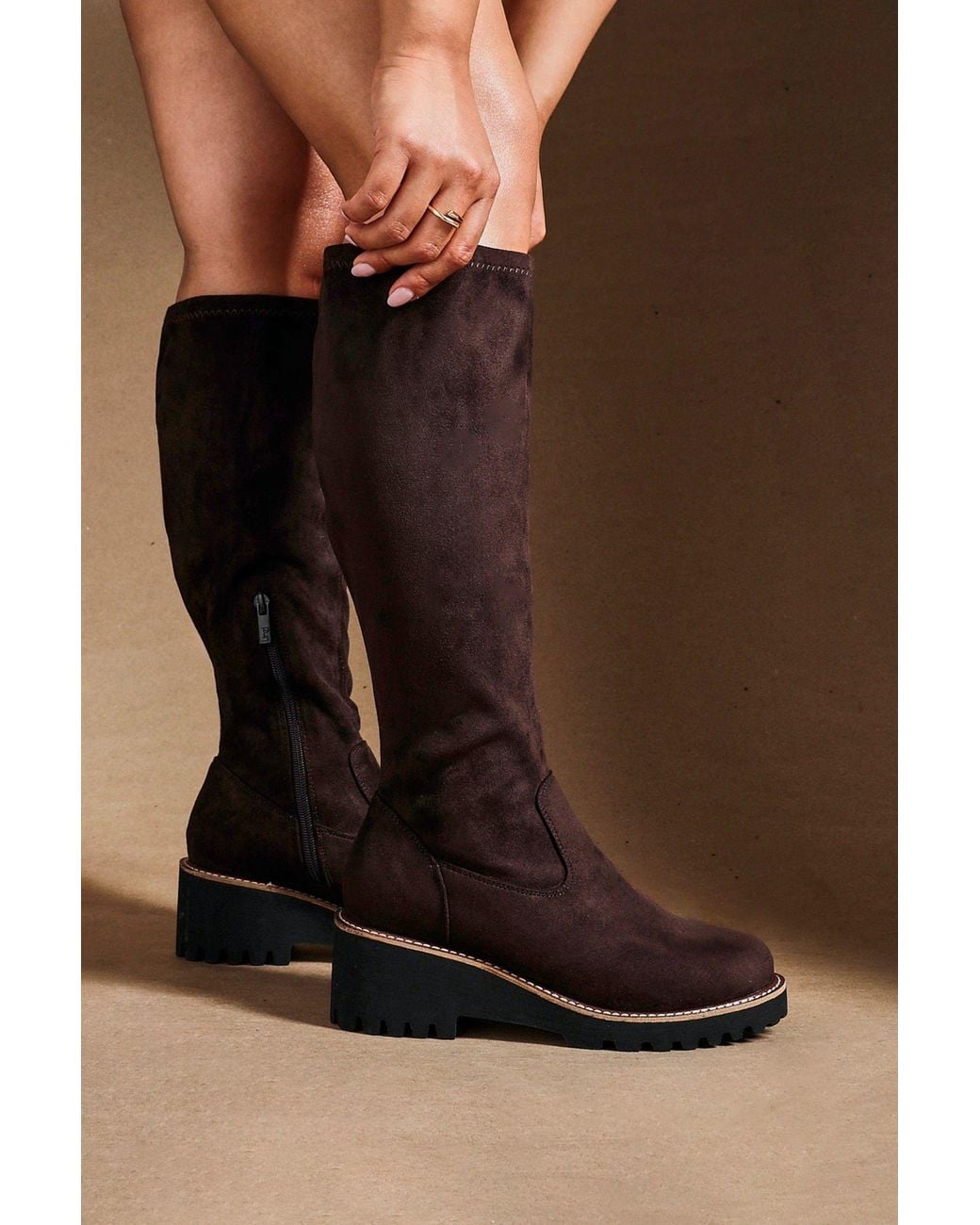 Linzi Black Maintain Wide Fit Faux Suede Stretch High Leg Wedge Boot