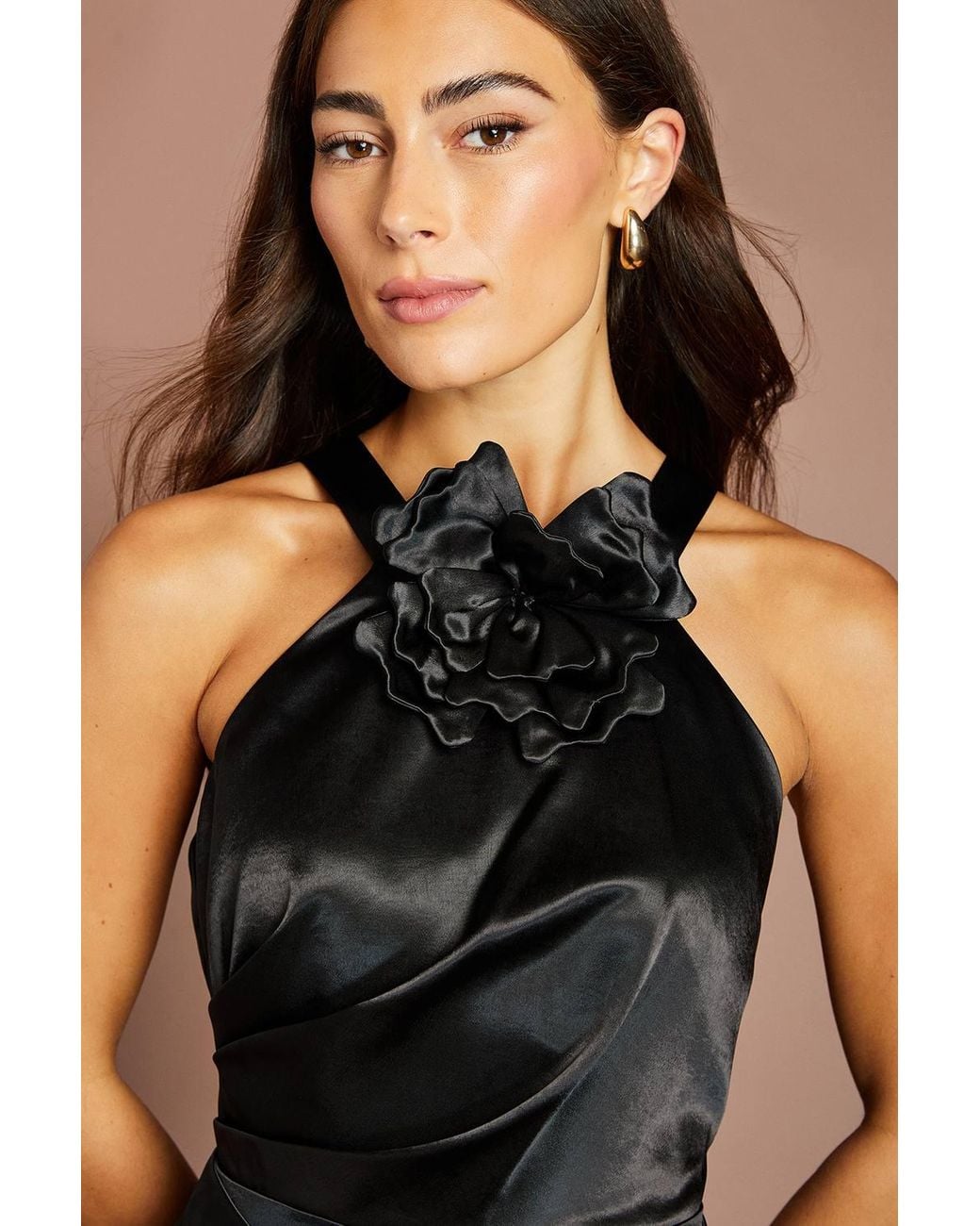 Coast Black 3D Corsage Halterneck Drape Satin Maxi Dress