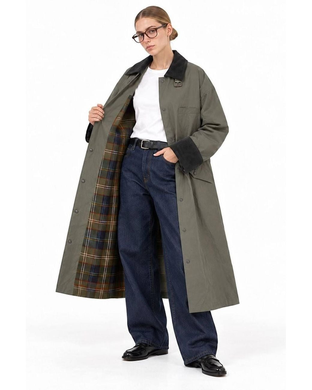 Hiccup Blue Oversized Long Trench Coat With Velvet Collar & Plaid Lining