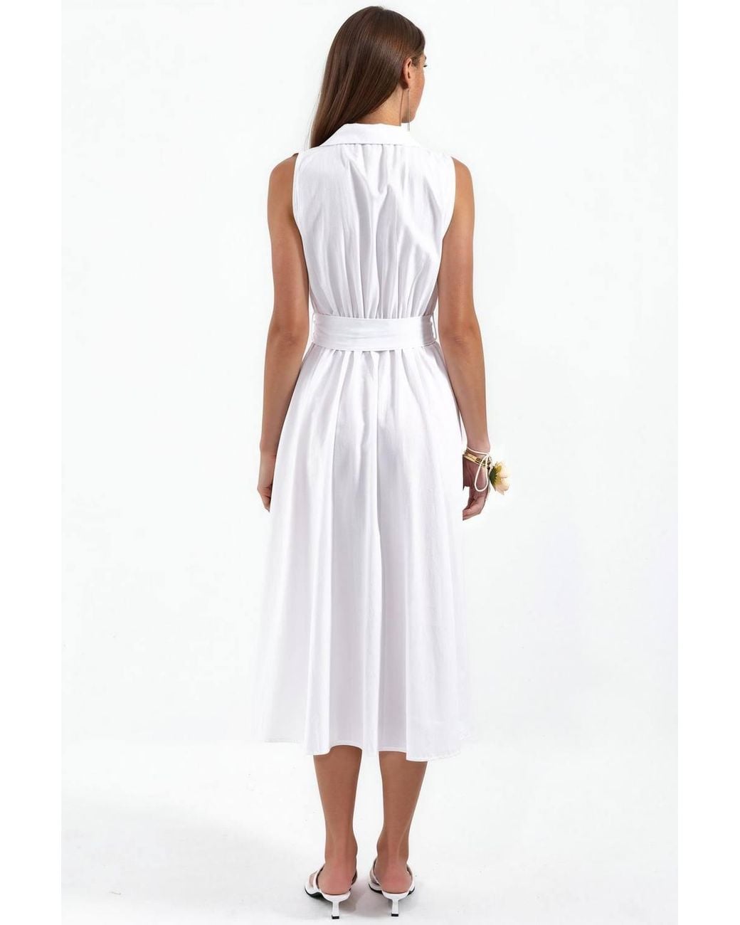 Busem White Belted Sleeveless Poplin Shirt Midi Dress