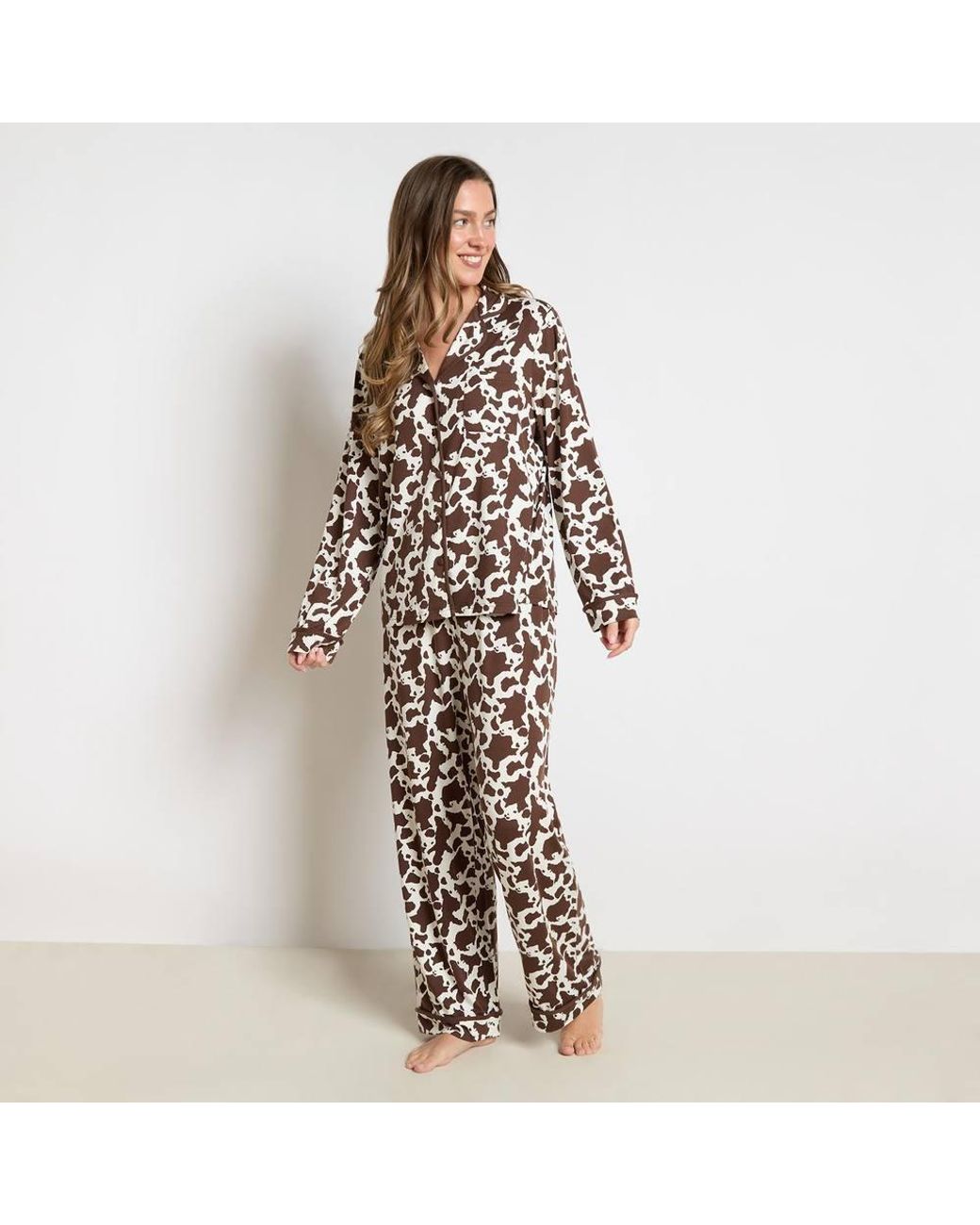 OHS Brown Animal Print Piped Jersey Button Through Pyjama Set Nightwear