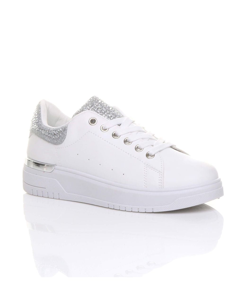 AJVANI White Flat Heel Diamante Sparkly Trainers