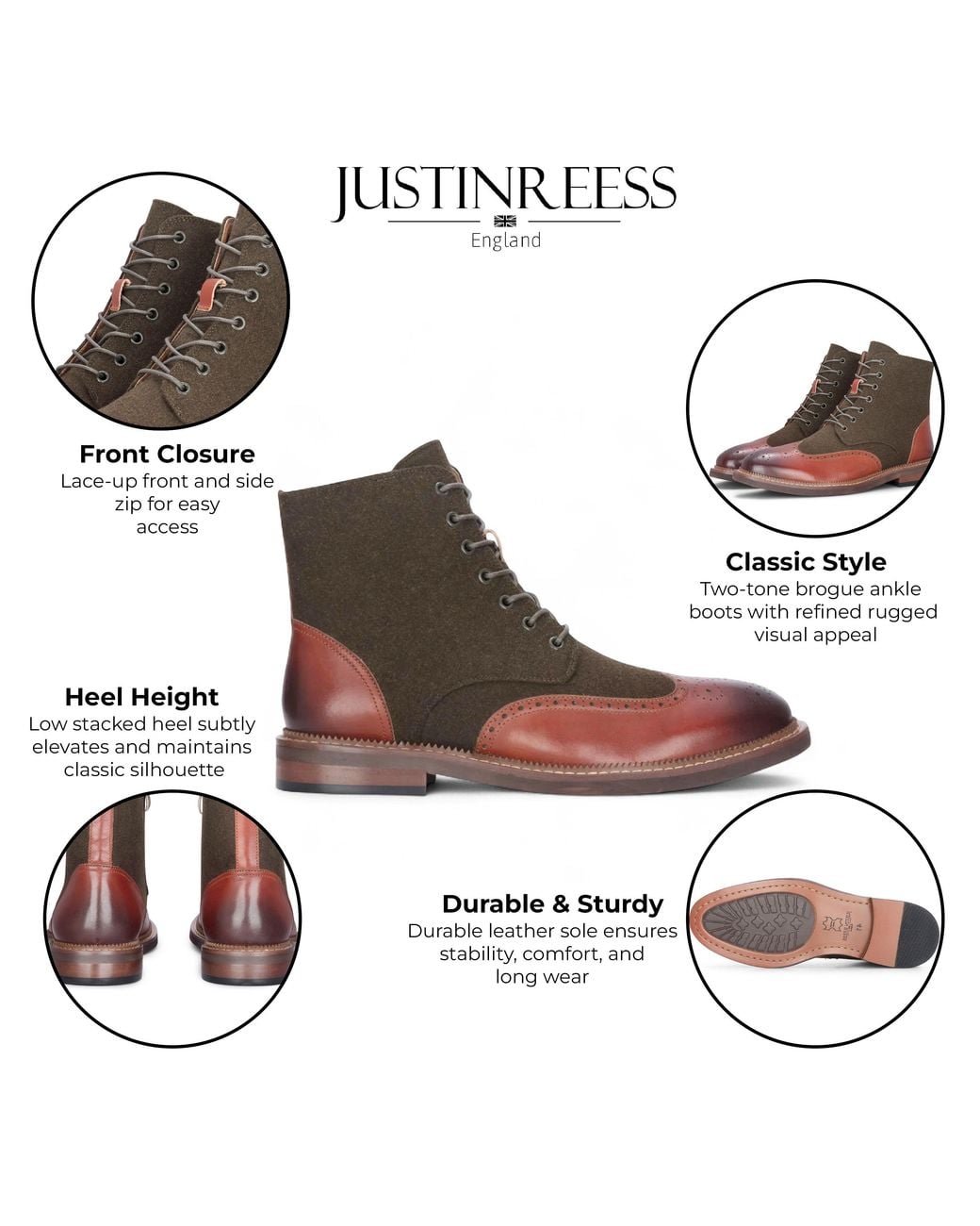 Infinity Leather Brown Justin Reess Khaki Brogue Leather Ankle Boots for men