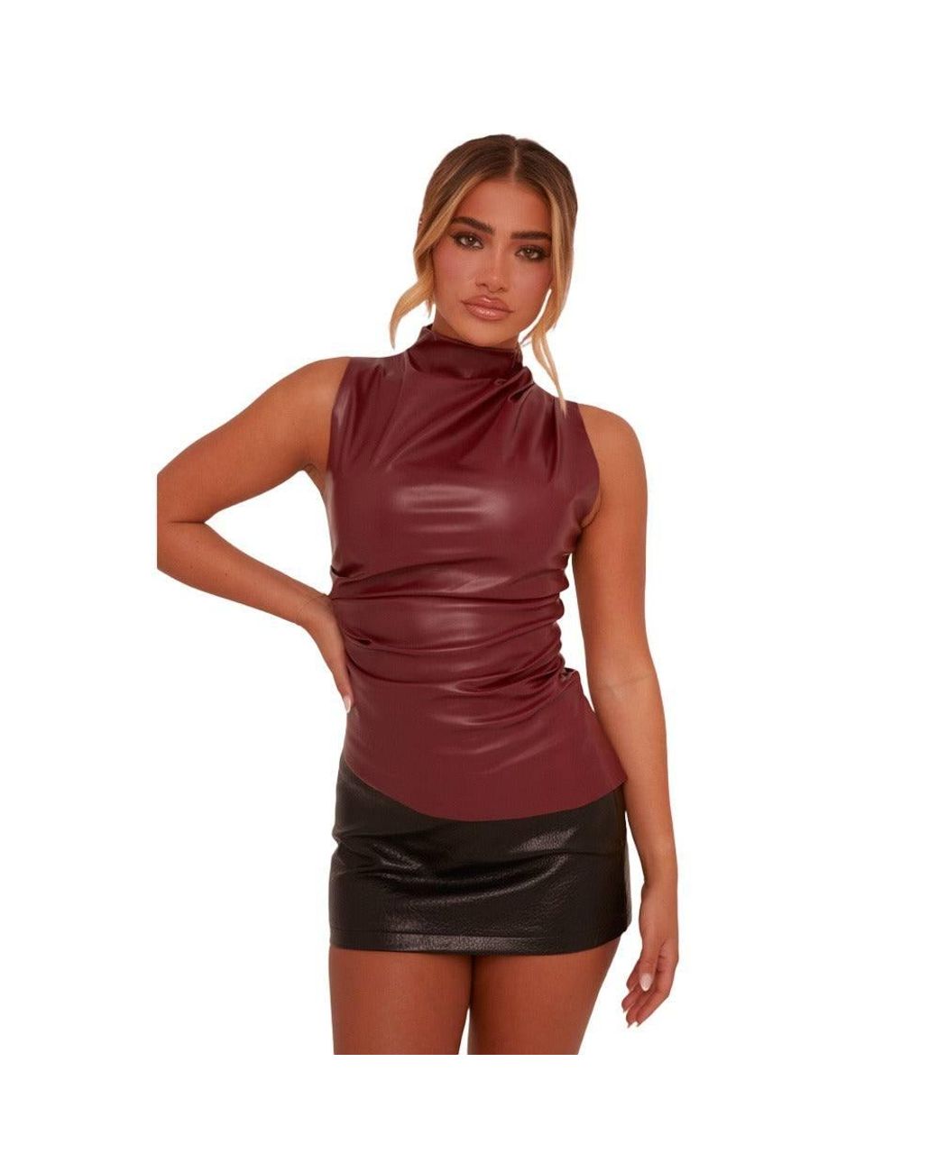 Rebellious Fashion Black Faux Leather Ruched Top