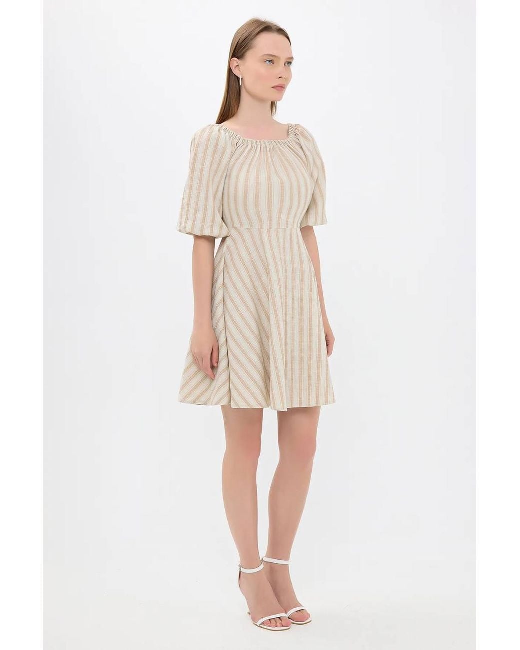 Hiccup Natural Striped Off-Shoulder Balloon Sleeves Mini Dress