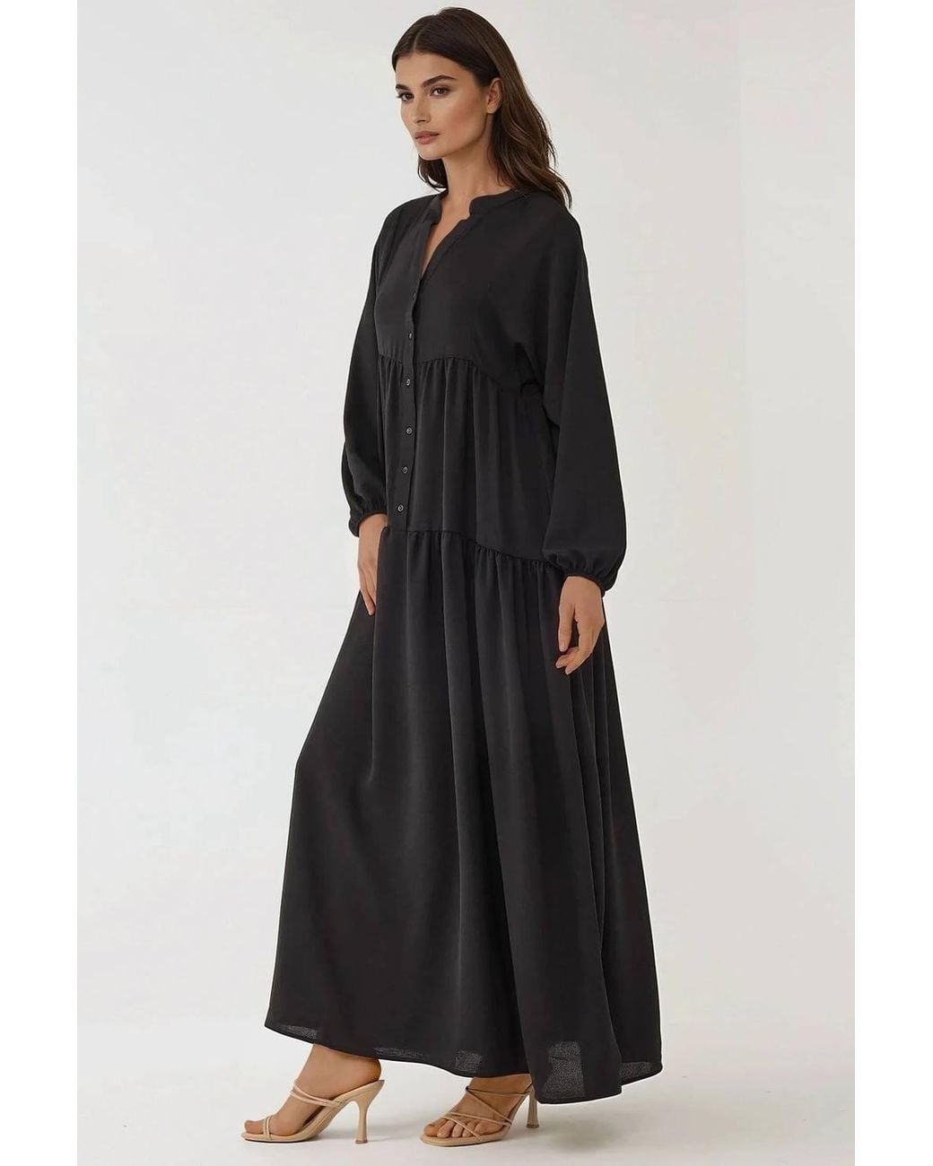 Hiccup Black Textured V-Neck Maxi Dress With Button Detail