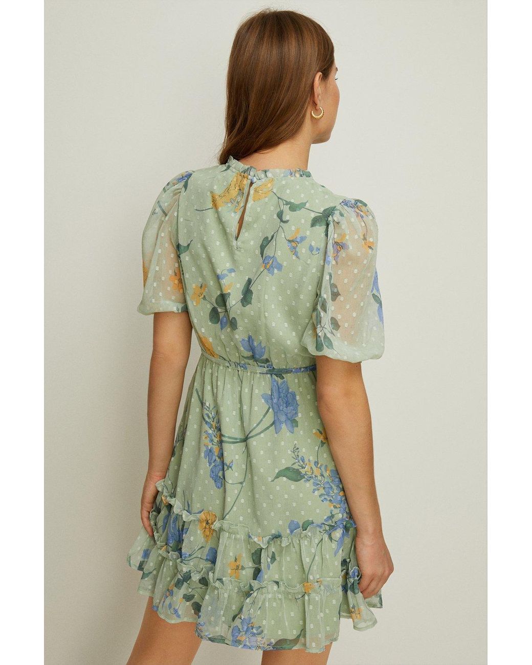 Oasis Petite Lace Trim Dobby Floral Chiffon Skater Dress in Green | Lyst UK