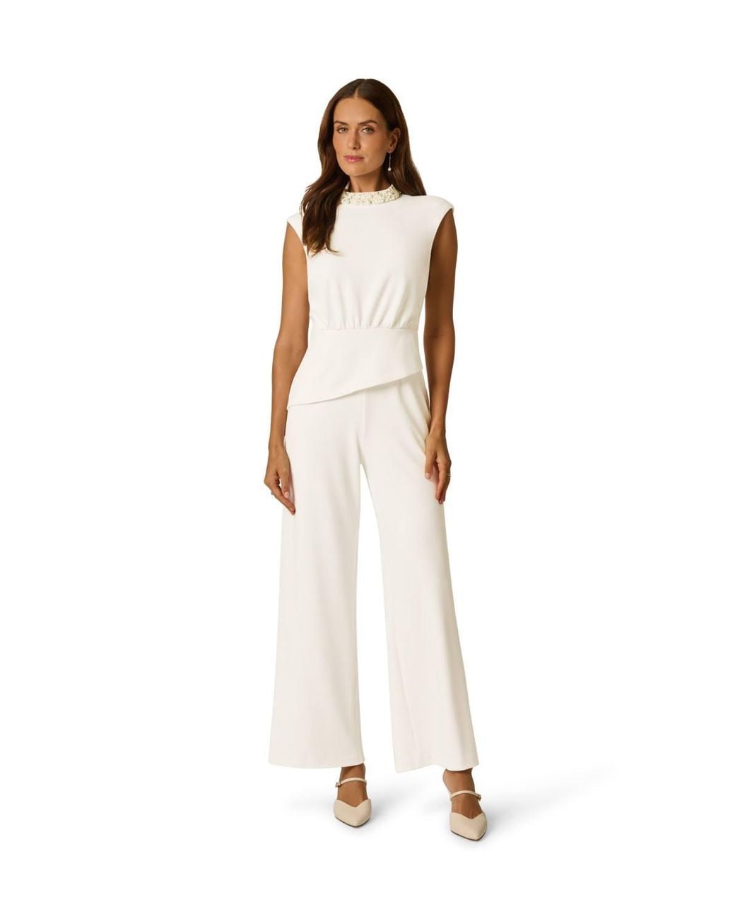 Adrianna Papell White Embellished Crepe Jumpsuit