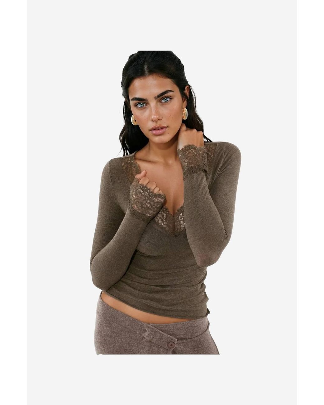 Busem Brown Long-Sleeve Lace V-Neck Top