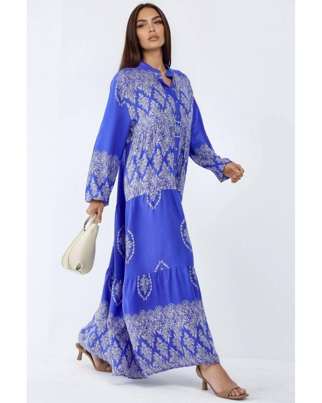 Hiccup Blue V-Neck Patterned Maxi Dress With Button Closure