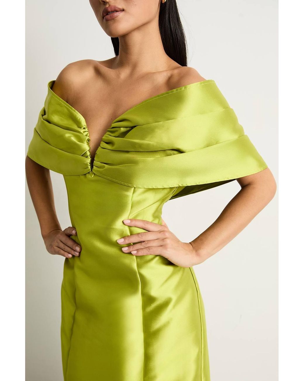 Warehouse Green Petite Satin Twill Notch Front Bardot Midi Dress