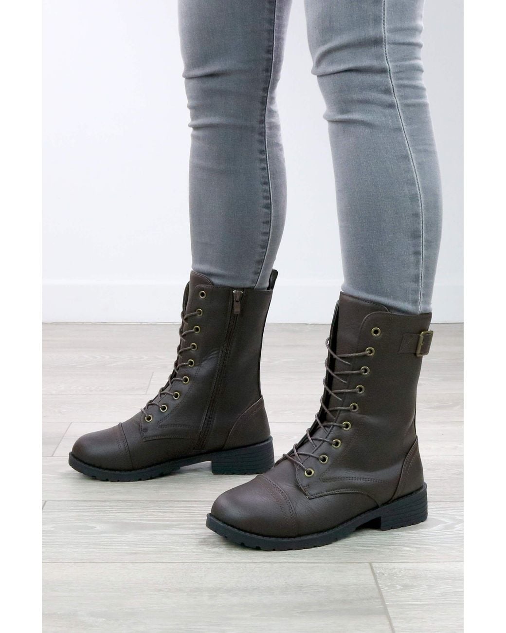 AJVANI Gray Lace Up Military Combat Ankle Biker Boots
