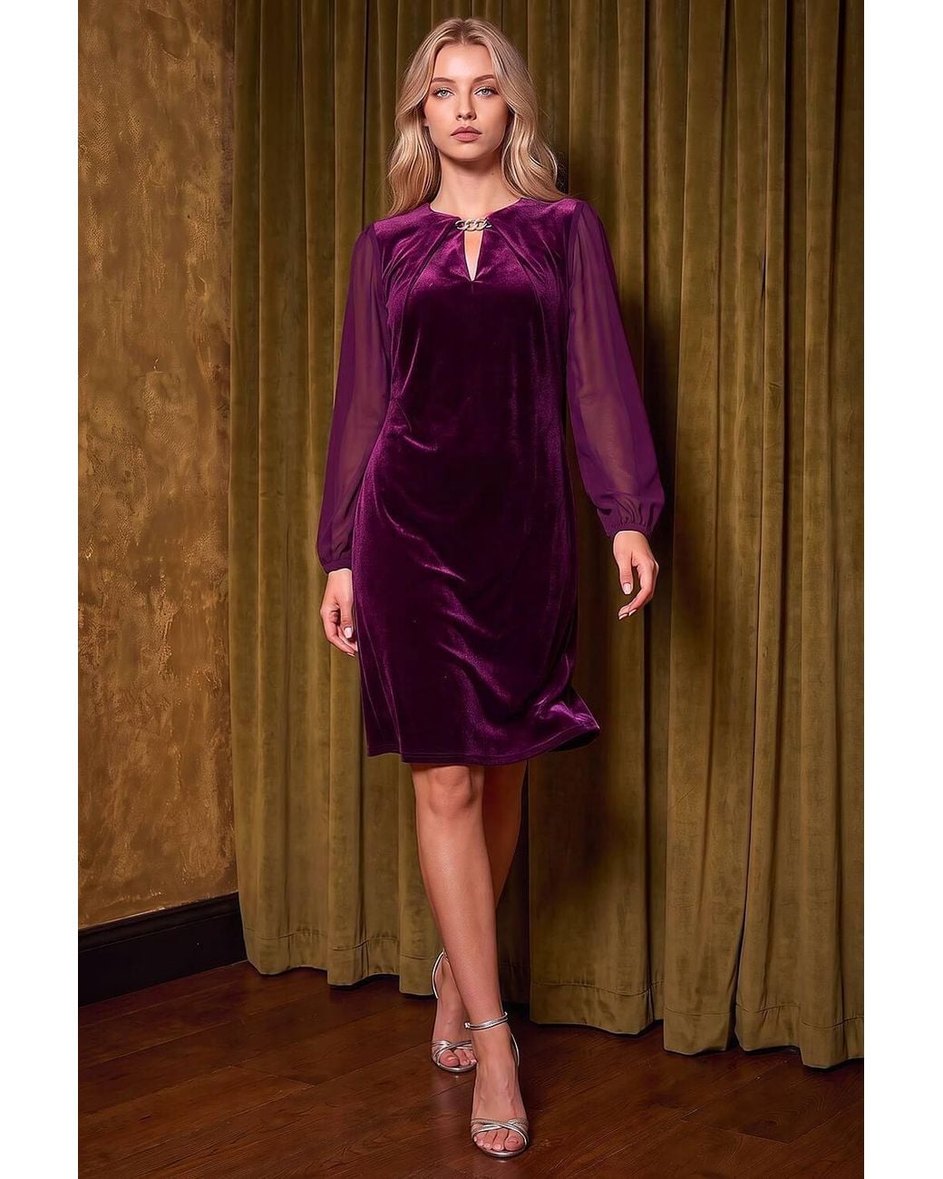 Roman Purple Petite Contrast Sleeve Velvet Dress