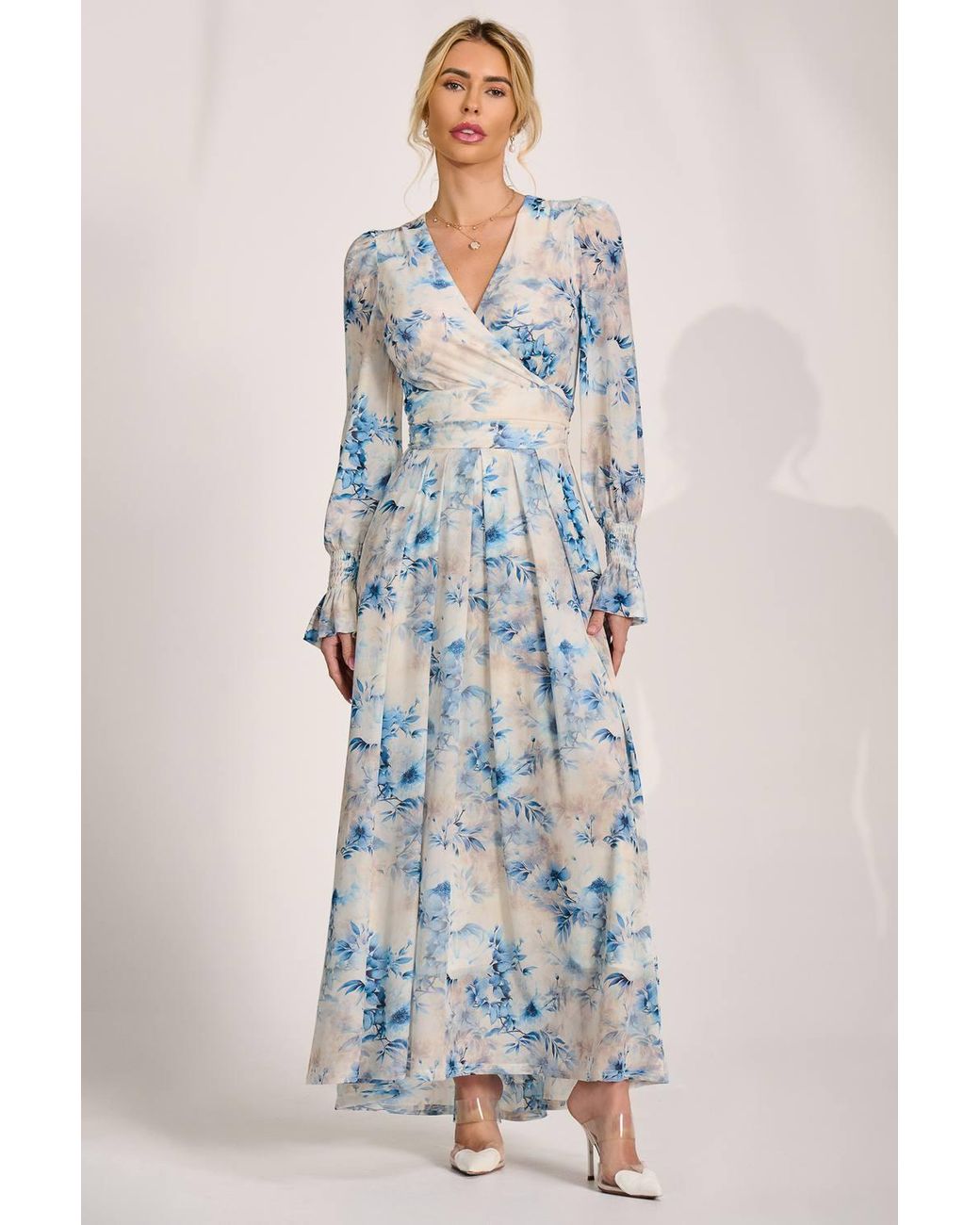 Jolie Moi Blue Long Sleeve V Neck Mesh Maxi Dress