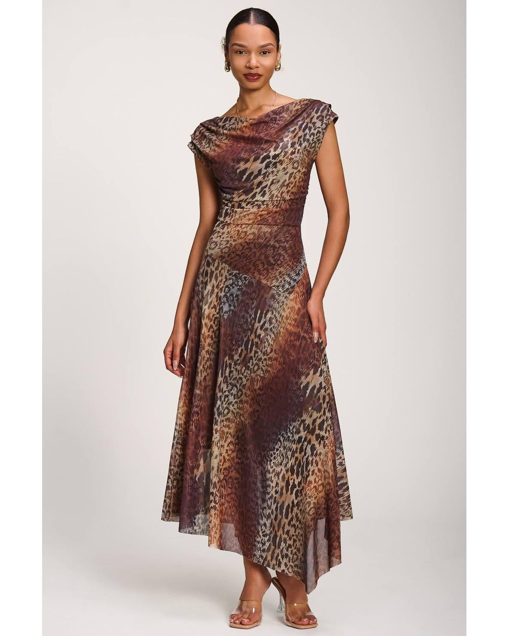 Jolie Moi Brown Asymmetrical Draped Mesh Maxi Dress
