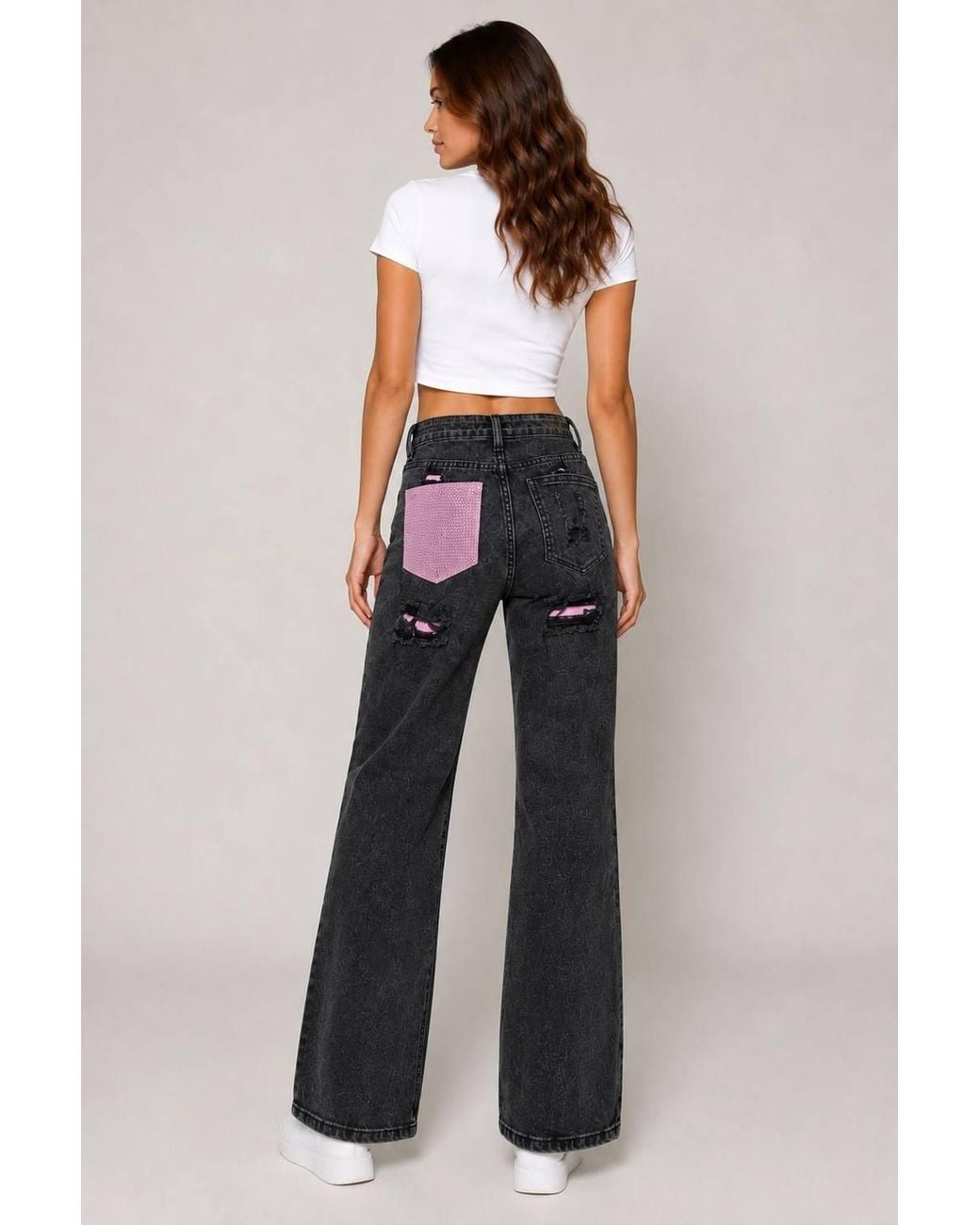 Stylewise Multicolor Contrast Distressed Wide-Leg Jeans