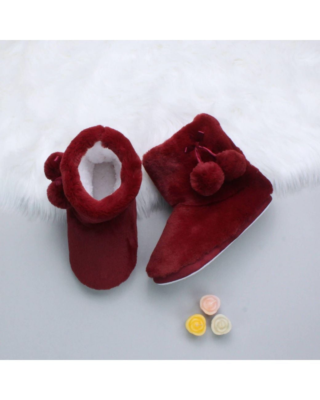 AJVANI Red Fluffy Faux Fur Ankle Boots Slippers