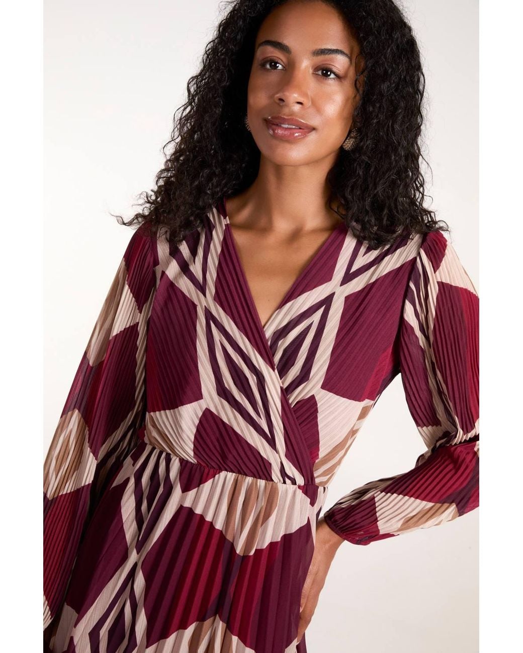 Blue Vanilla Red Wrap Front Pleated Geometric Maxi Dress