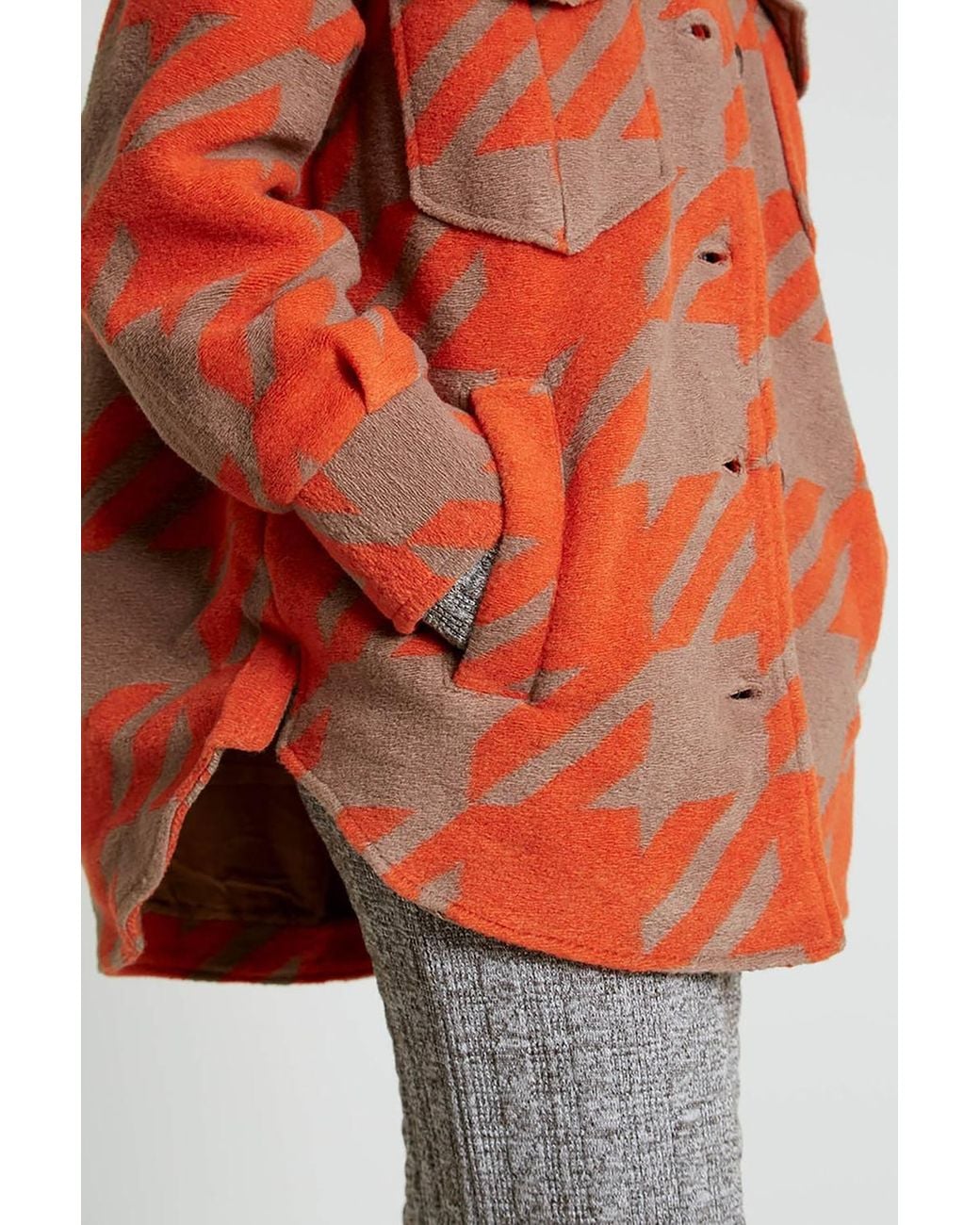 Native Youth Red Houndstooth Print Brushed Button Shacket