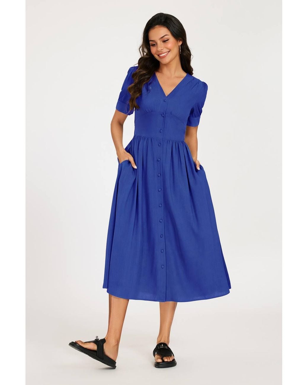 FS Collection Blue Puff Sleeve Button-Front Midi Dress