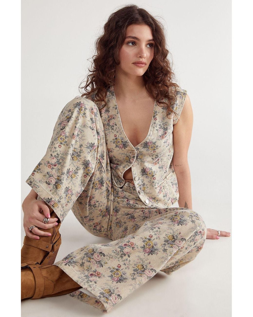 Nasty Gal Natural Floral Printed Denim Waistcoat