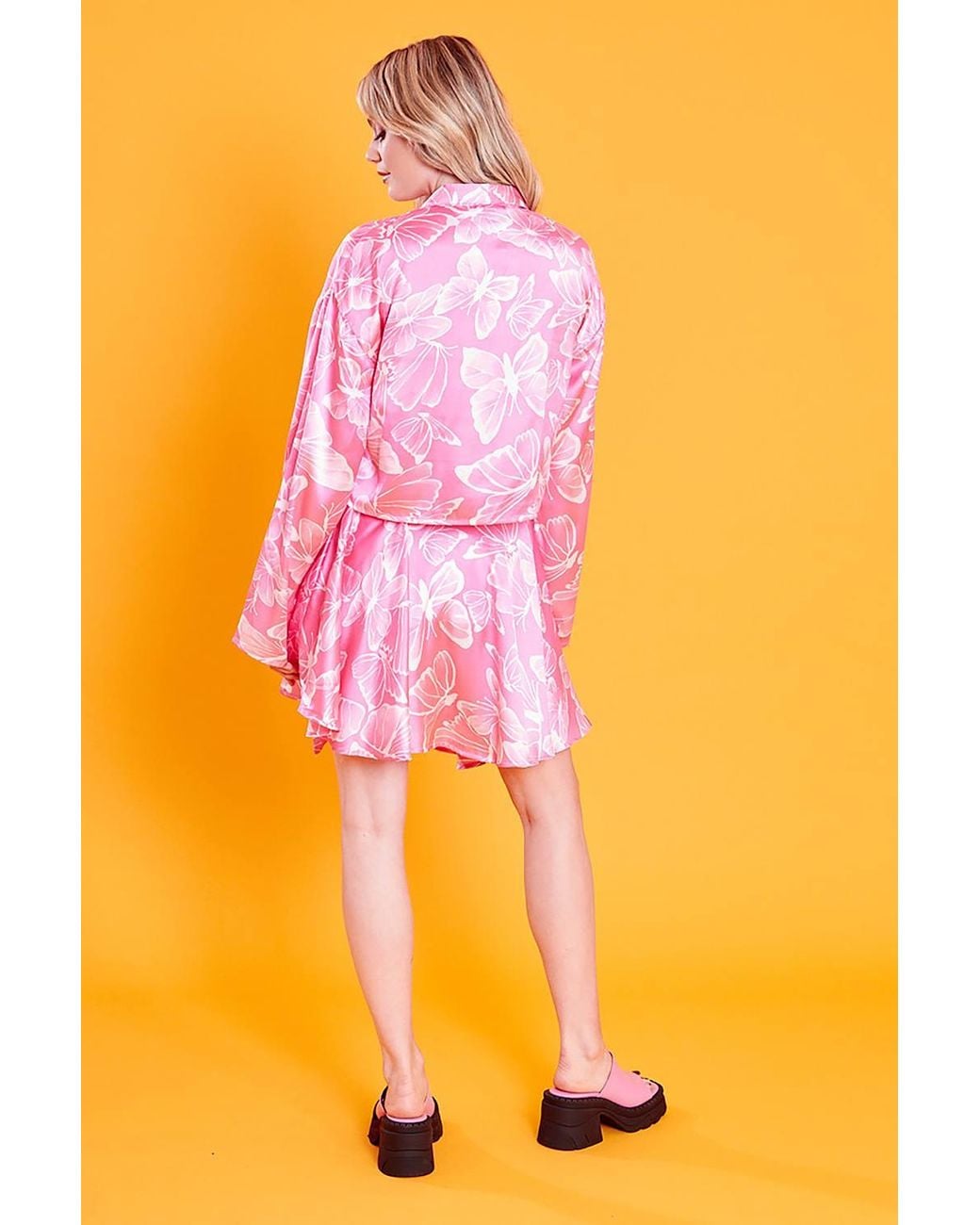 Neon Rose Orange Butterfly Print Satin Wrap Mini Skirt