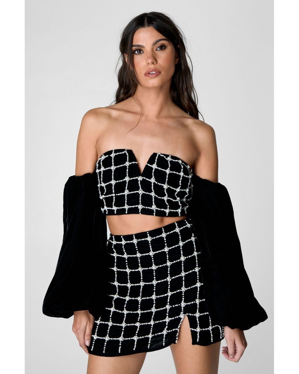 Nasty Gal Black Pearl Embellished Velvet Bardot Top