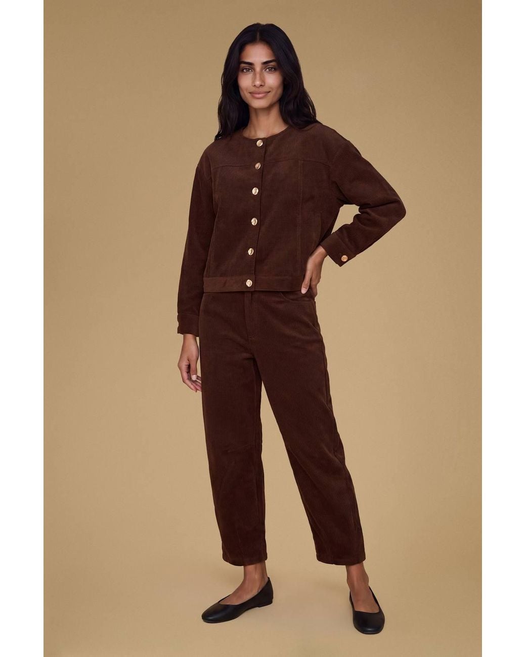 Oasis Natural Petite Collarless Cord Jacket With Mottled Buttons