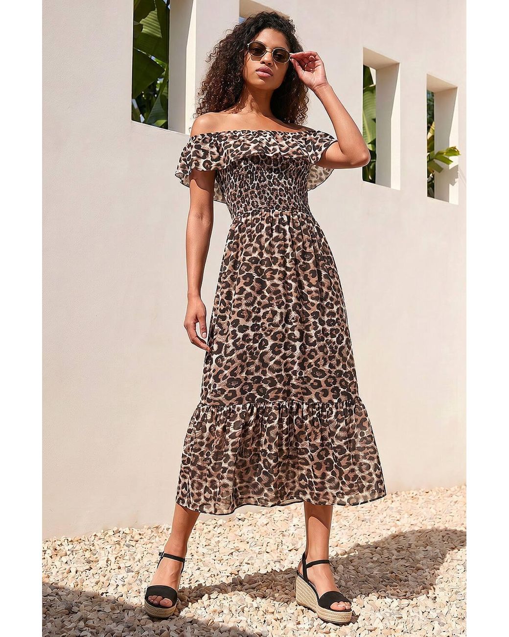 Roman Natural Petite Animal Print Bardot Midi Dress