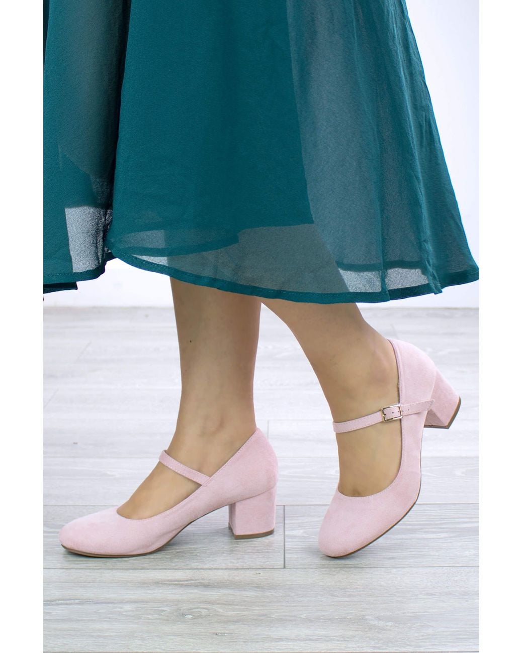 AJVANI Blue Mid Block Heel Mary Jane Comfort Court Shoes