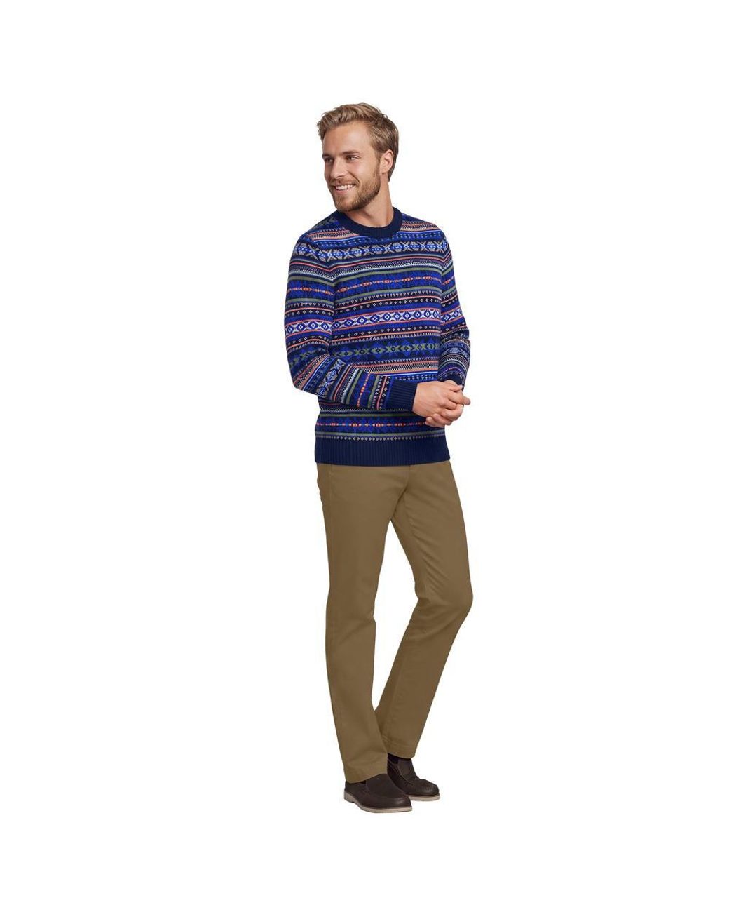 Lands' End Blue Pure Cotton Fair Isle Drifter Jumper for men