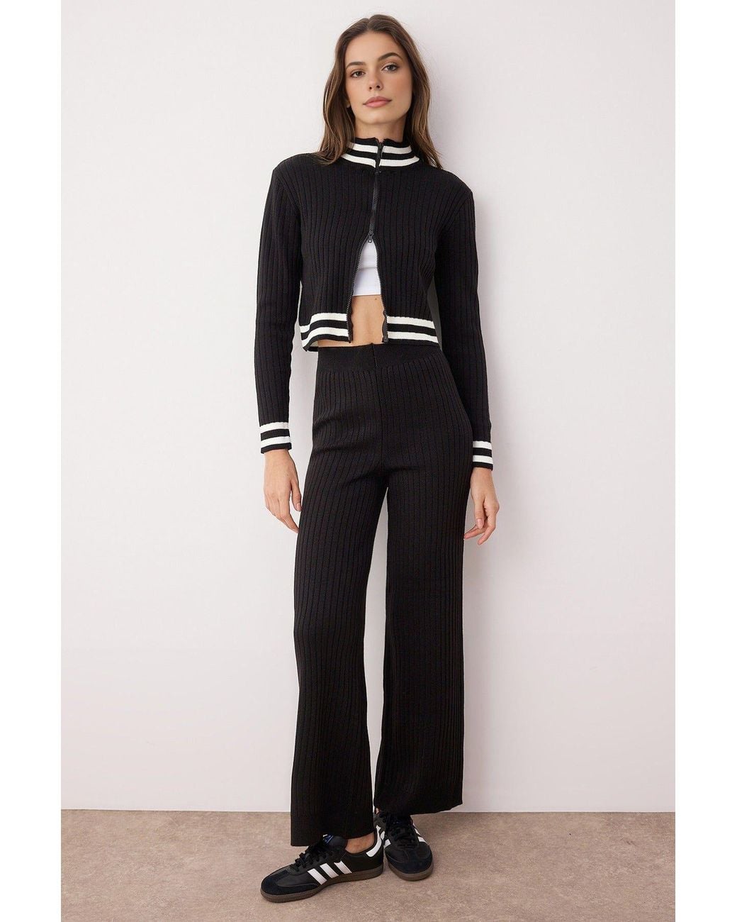 WOVCOR Black 2-Piece Set Zip-Up Knit Cardigan & Wide Leg Pants